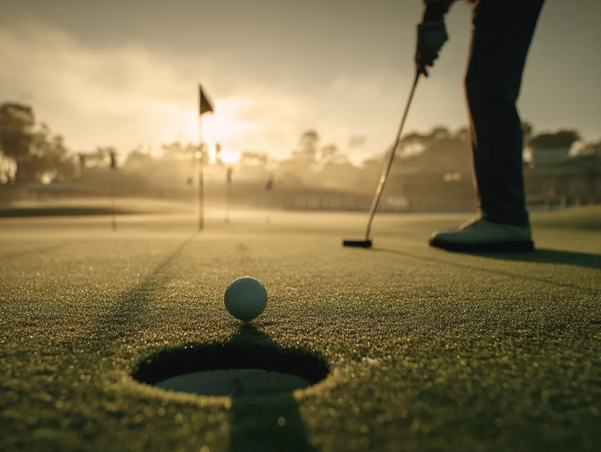 Golfer concentrating over a short putt on the practice green